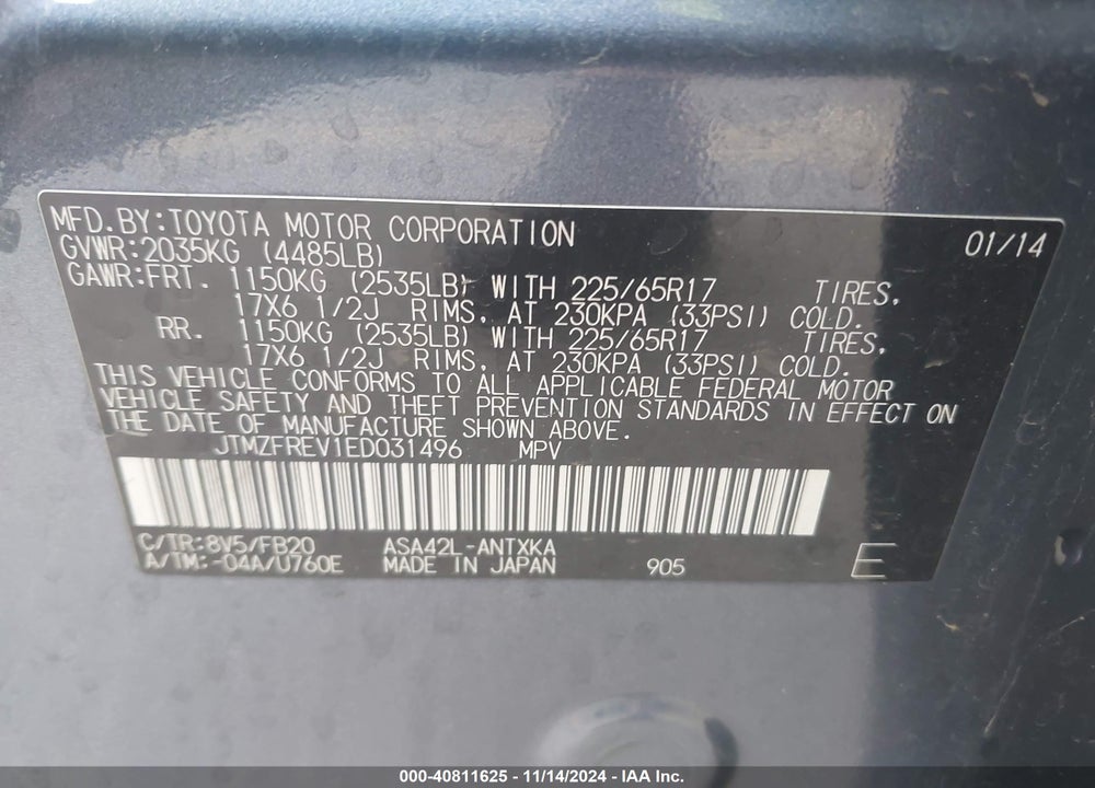 2014 TOYOTA RAV4 VIN: JTMZFREV1ED031496