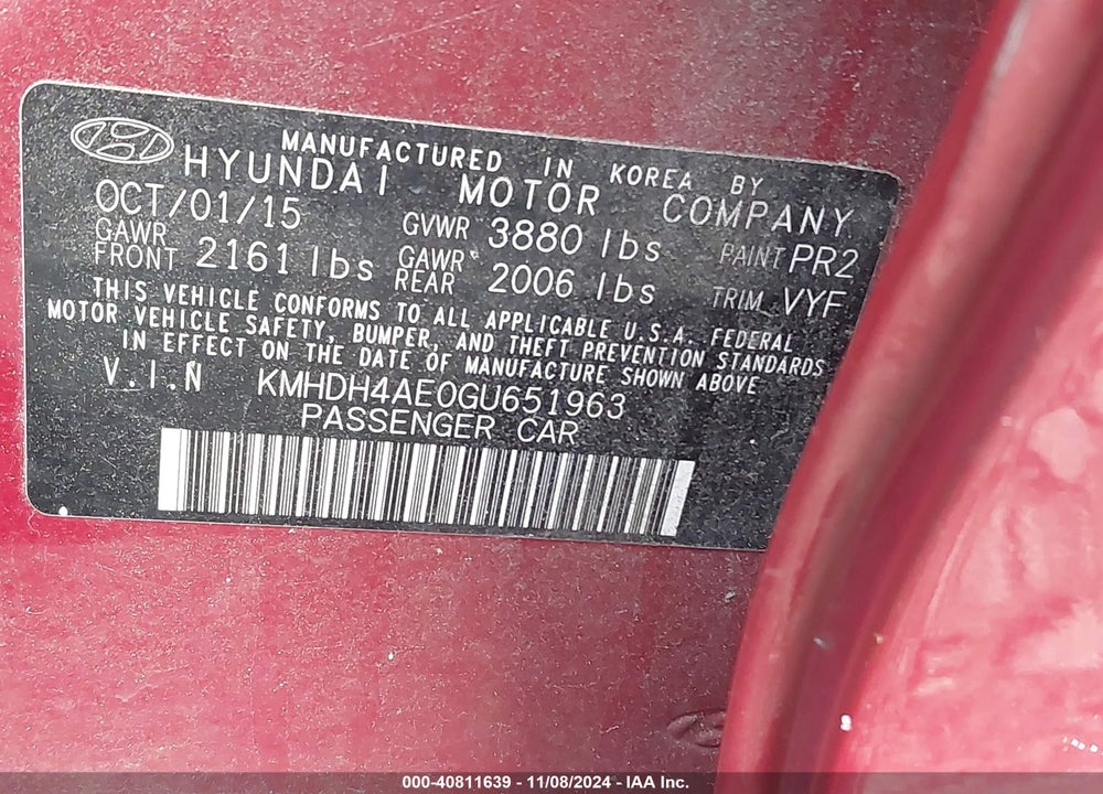 2016 HYUNDAI ELANTRA SE VIN: KMHDH4AE0GU651963