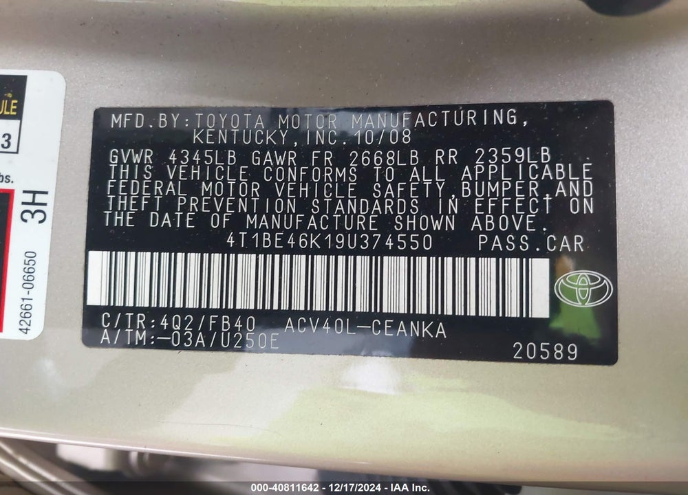 2009 TOYOTA CAMRY VIN: 4T1BE46K19U374550