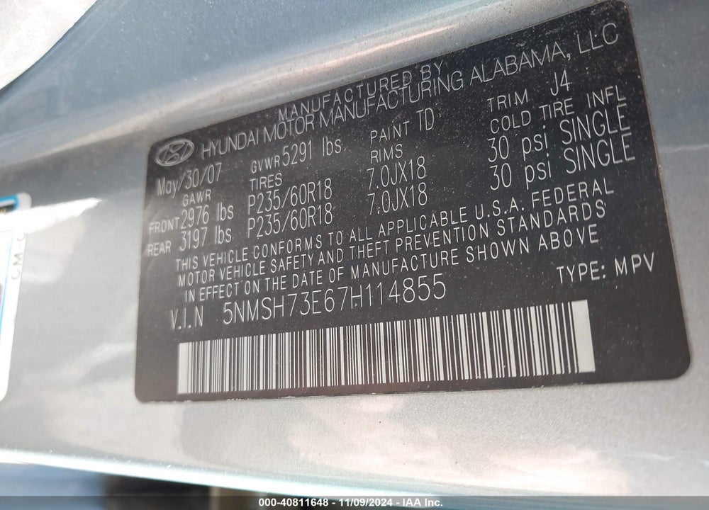2007 HYUNDAI SANTA FE LIMITED/SE VIN: 5NMSH73E67H114855