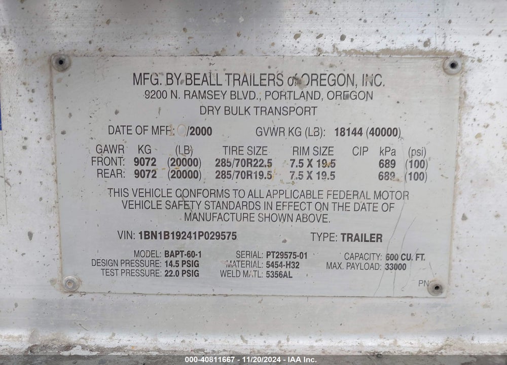 2001 BEALL TRANS-LINER --- VIN: 1BN1B19241P029575