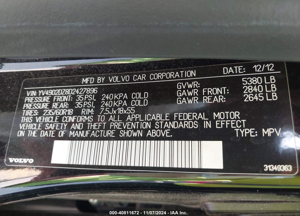 2013 VOLVO XC60 T6 VIN: YV4902DZ8D2427896