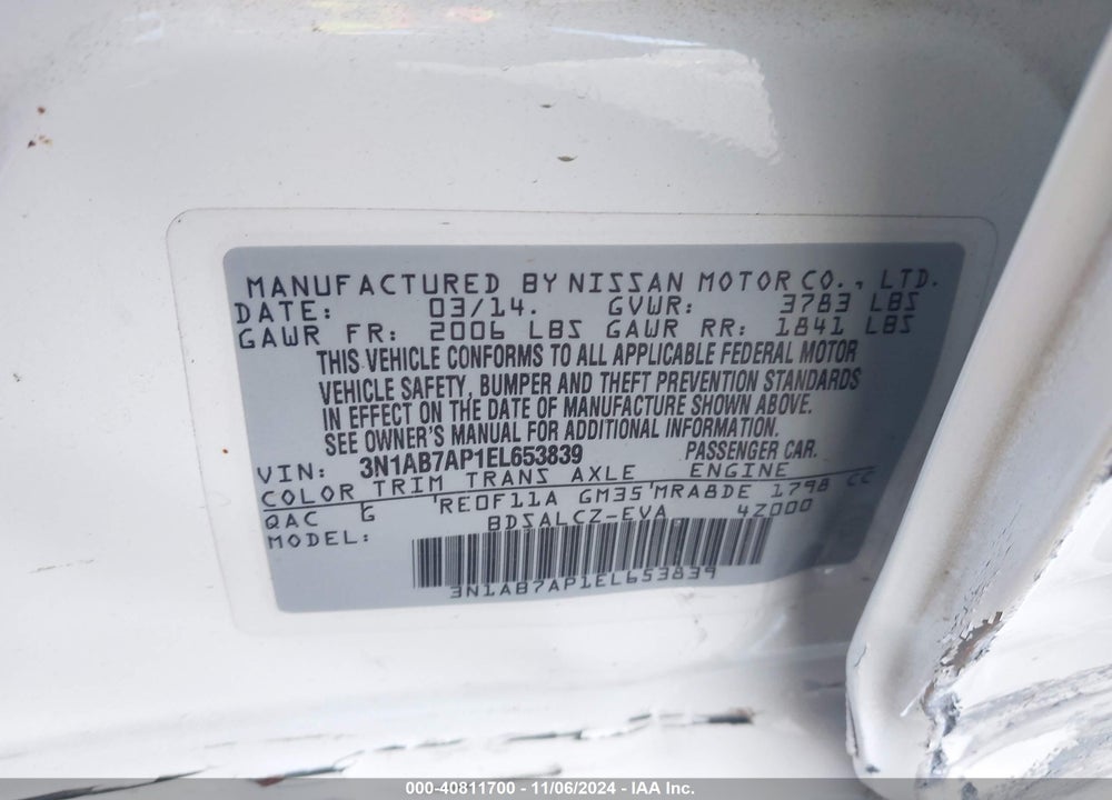 2014 NISSAN SENTRA S VIN: 3N1AB7AP1EL653839