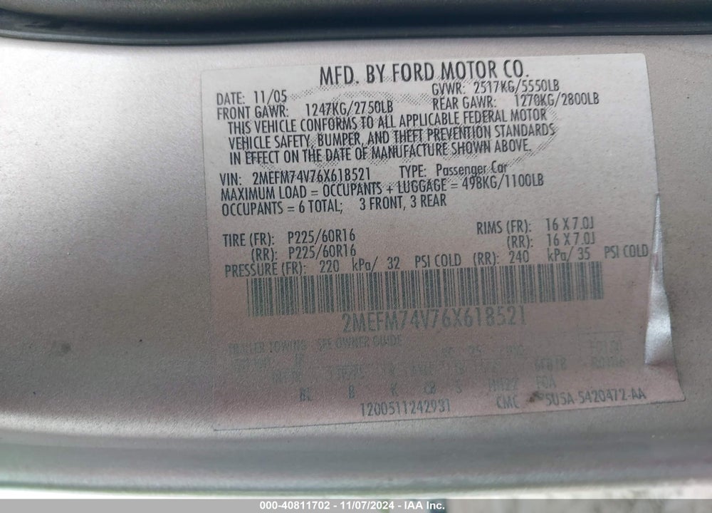 2006 MERCURY GRAND MARQUIS GS VIN: 2MEFM74V76X618521