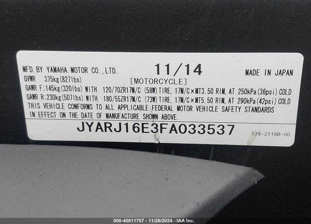 2015 YAMAHA YZFR6 VIN: JYARJ16E3FA033537
