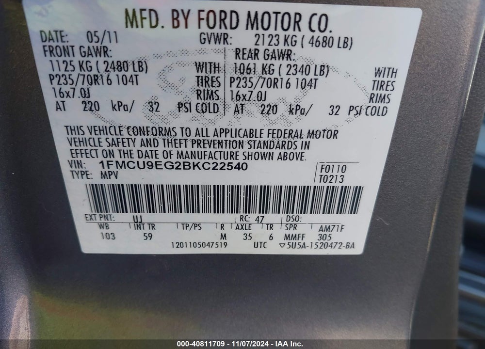 2011 FORD ESCAPE LIMITED VIN: 1FMCU9EG2BKC22540