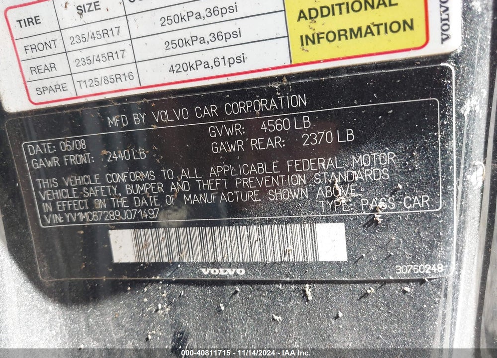 2009 VOLVO C70 T5 VIN: YV1MC67289J071497