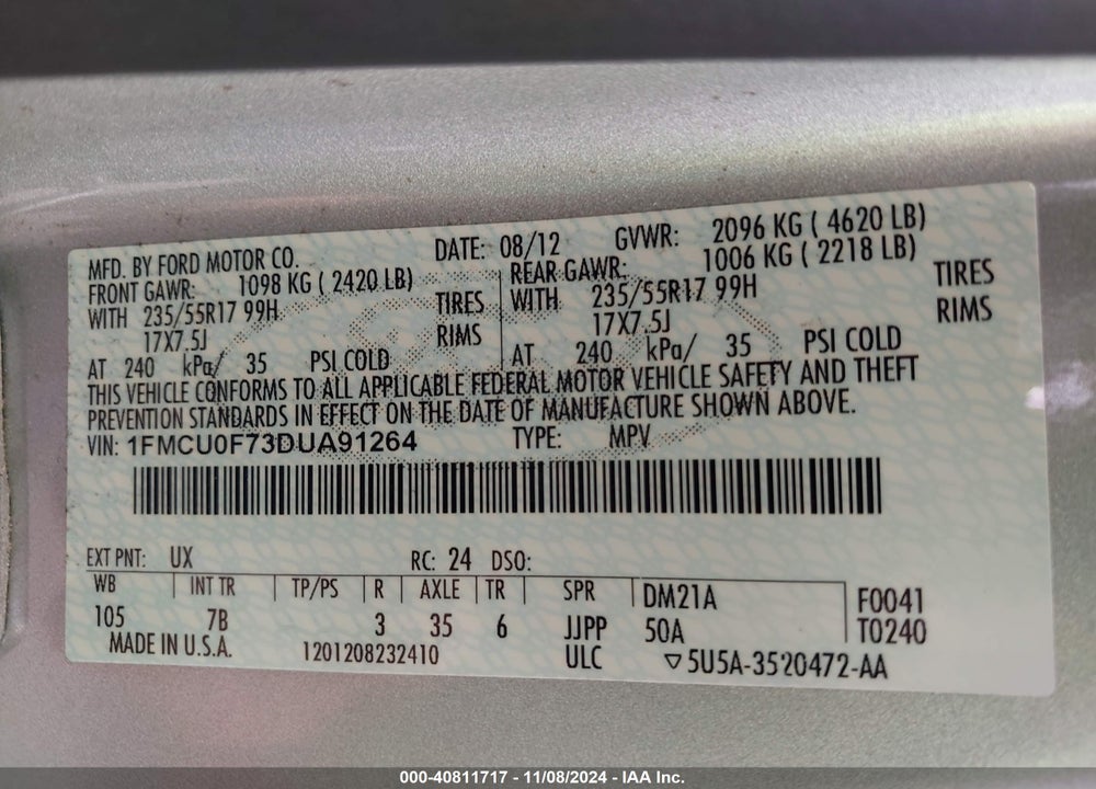 2013 FORD ESCAPE S VIN: 1FMCU0F73DUA91264