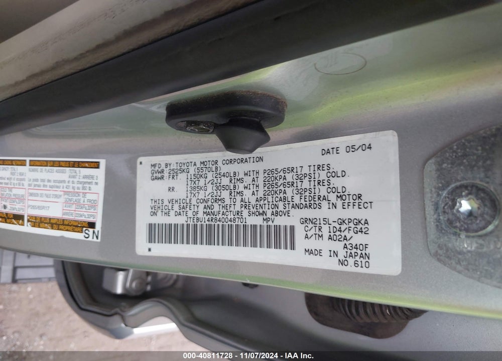 2004 TOYOTA 4RUNNER SR5 V6 VIN: JTEBU14R840048701