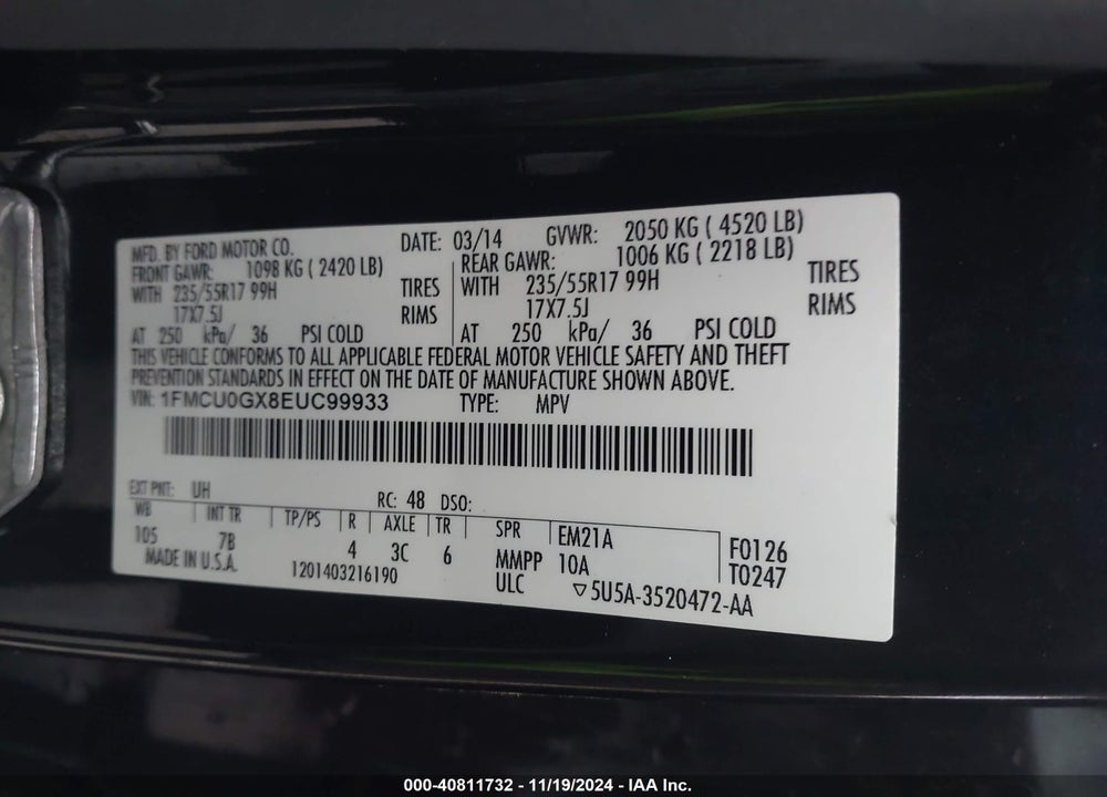 2014 FORD ESCAPE SE VIN: 1FMCU0GX8EUC99933