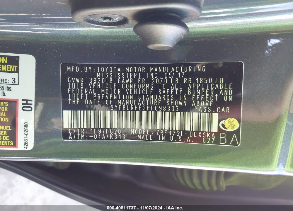 2017 TOYOTA COROLLA SE VIN: 5YFBURHE3HP698333