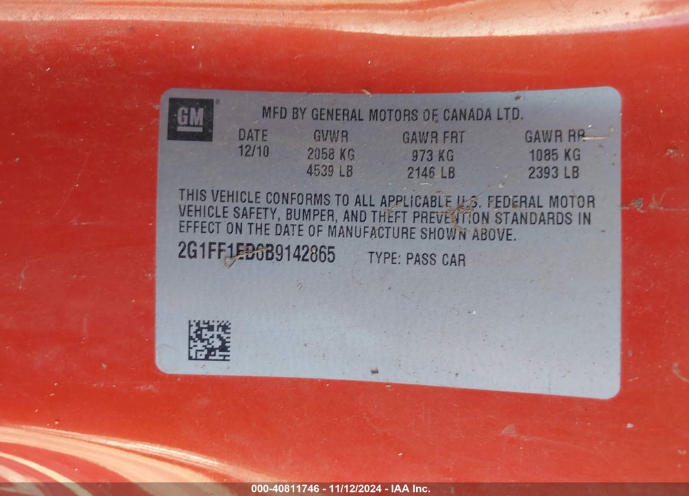 2011 CHEVROLET CAMARO 1LT VIN: 2G1FF1ED6B9142865