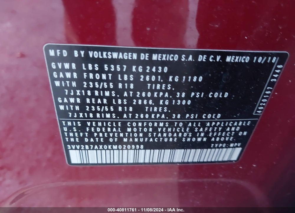 2019 VOLKSWAGEN TIGUAN 2.0T SE/2.0T SEL/2.0T SEL R-LINE/2.0T SEL R-LINE BLACK VIN: 3VV2B7AX0KM020998