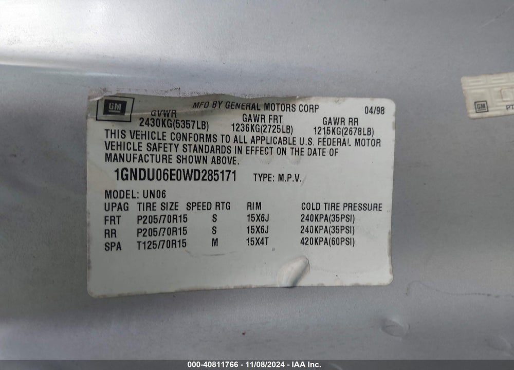 1998 CHEVROLET VENTURE VIN: 1GNDU06E0WD285171