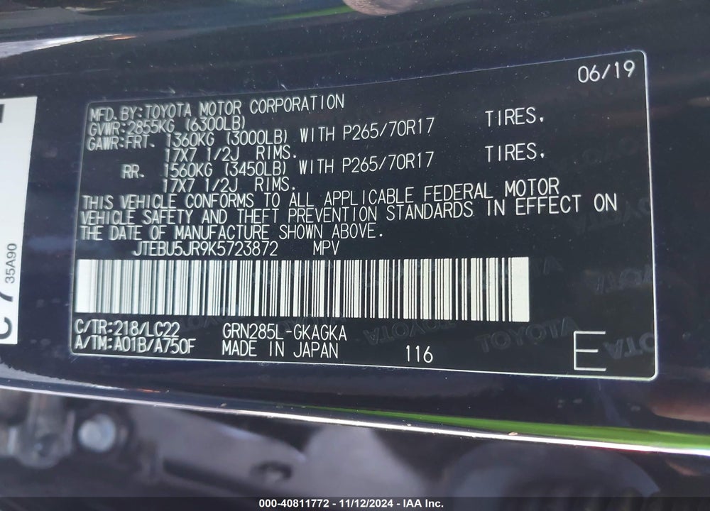 2019 TOYOTA 4RUNNER TRD OFF ROAD PREMIUM VIN: JTEBU5JR9K5723872