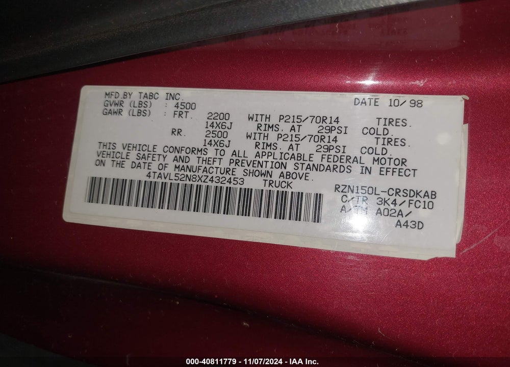 1999 TOYOTA TACOMA VIN: 4TAVL52N8XZ432453