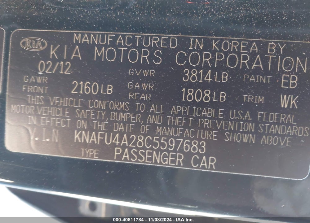 2012 KIA FORTE VIN: KNAFU4A28C5597683