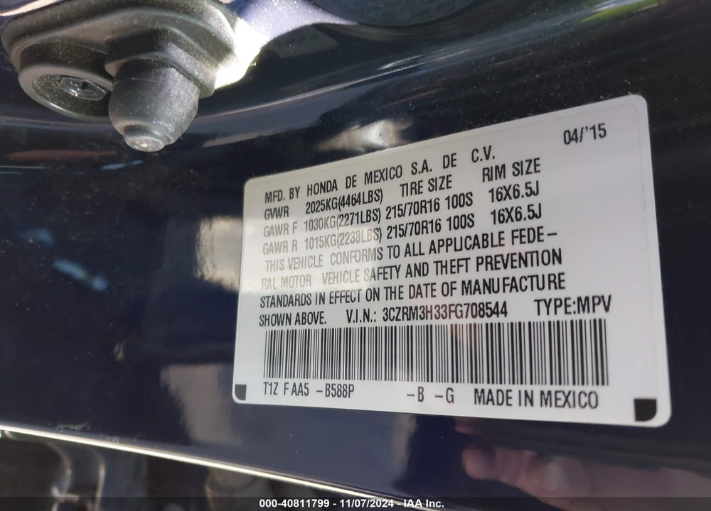 2015 HONDA CR-V LX VIN: 3CZRM3H33FG708544