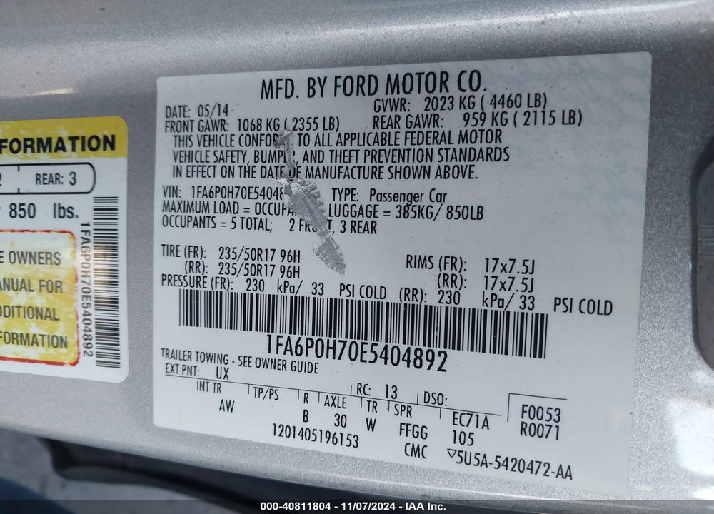 2014 FORD FUSION SE VIN: 1FA6P0H70E5404892
