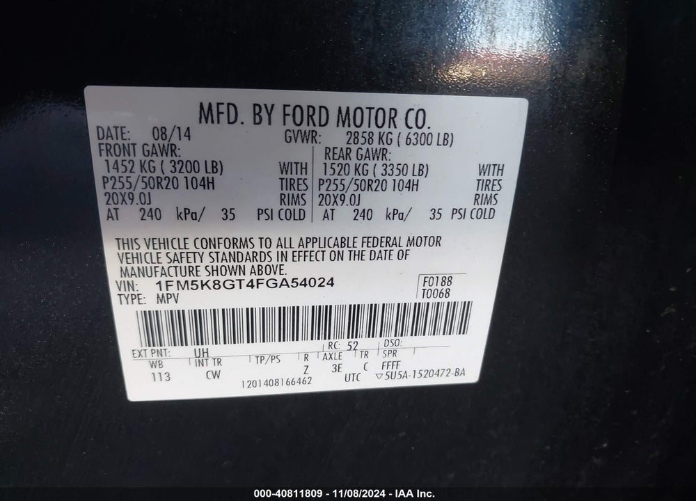 2015 FORD EXPLORER SPORT VIN: 1FM5K8GT4FGA54024