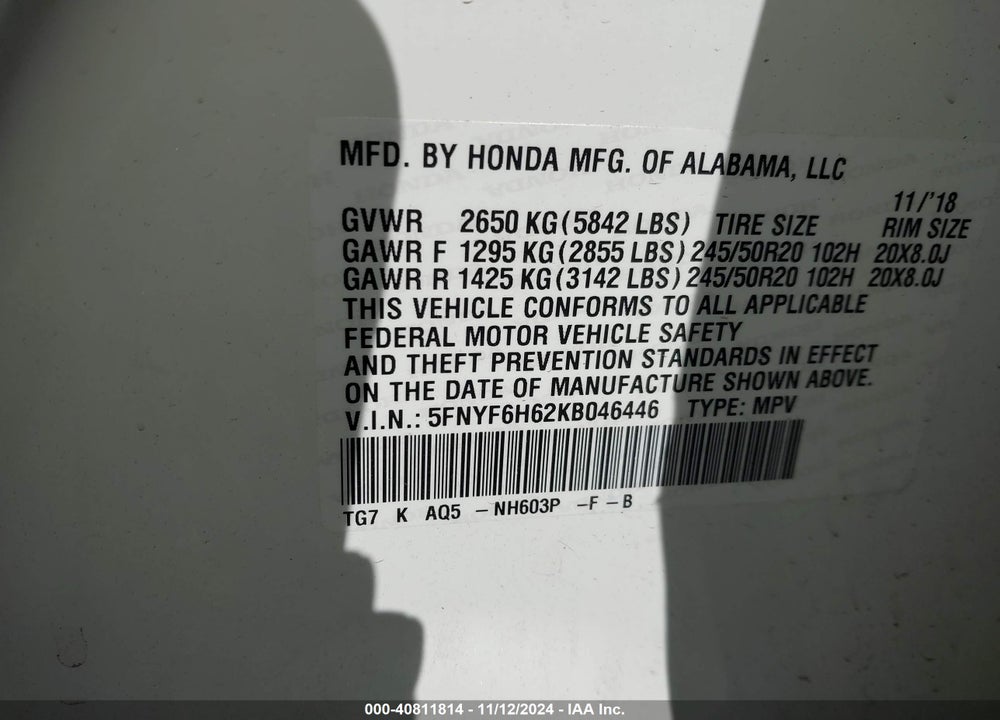 2019 HONDA PILOT TOURING VIN: 5FNYF6H62KB046446