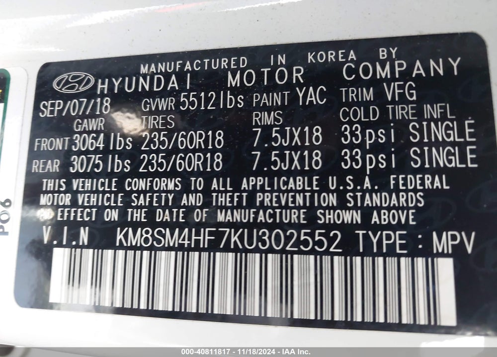 2019 HYUNDAI SANTA FE XL SE VIN: KM8SM4HF7KU302552