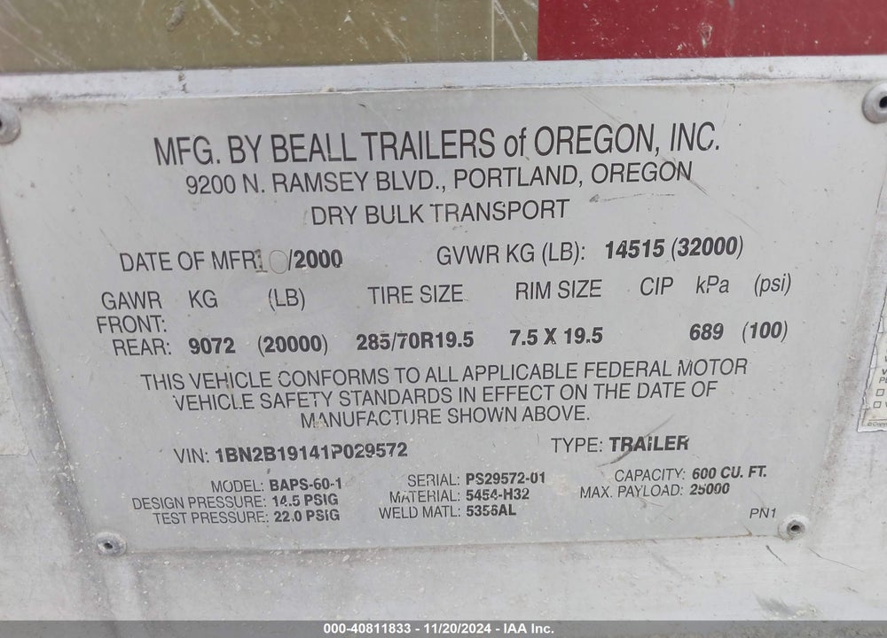 2001 BEALL TRANS-LINER --- VIN: 1BN2B19141P029572