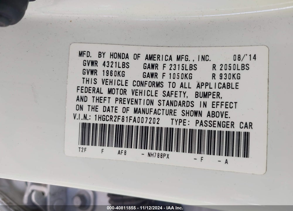 2015 HONDA ACCORD EX-L VIN: 1HGCR2F81FA007202