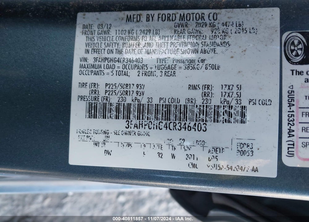 2012 FORD FUSION SE VIN: 3FAHP0HG4CR346403