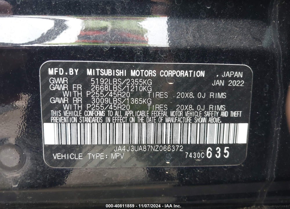 2022 MITSUBISHI OUTLANDER SE 2.5 2WD VIN: JA4J3UA87NZ066372