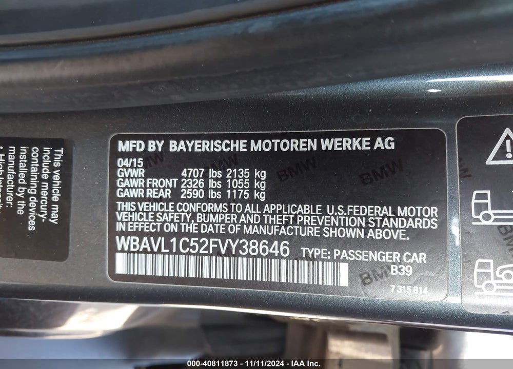 2015 BMW X1 XDRIVE28I VIN: WBAVL1C52FVY38646