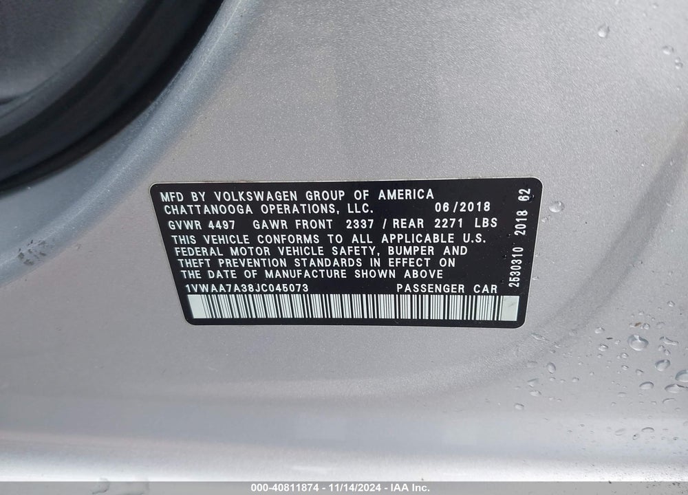2018 VOLKSWAGEN PASSAT 2.0T R-LINE/2.0T S VIN: 1VWAA7A38JC045073