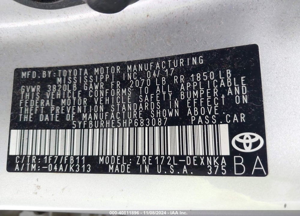 2017 TOYOTA COROLLA LE VIN: 5YFBURHE5HP683087