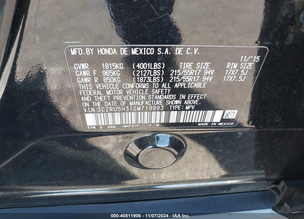 2016 HONDA HR-V LX VIN: 3CZRU5H31GM719993