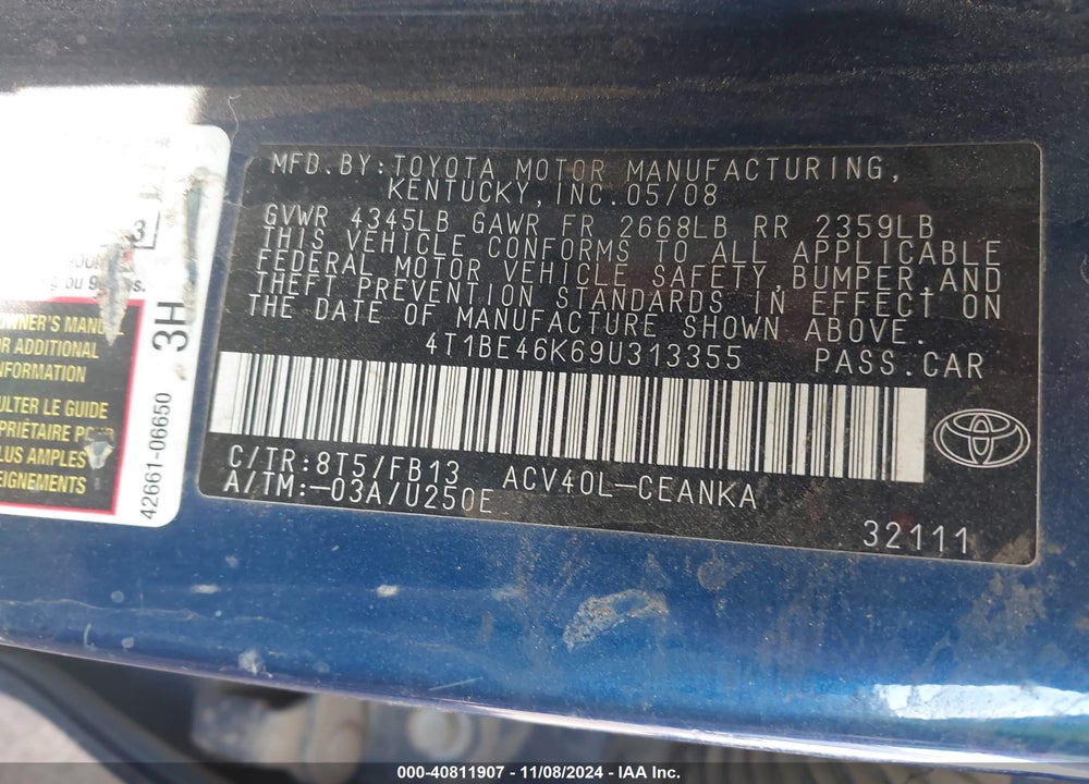 2009 TOYOTA CAMRY VIN: 4T1BE46K69U313355