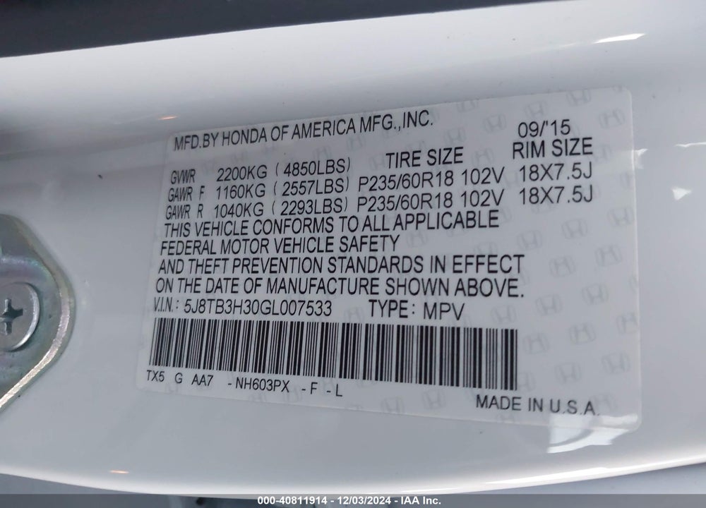 2016 ACURA RDX WATCH PLUS PKG VIN: 5J8TB3H30GL007533