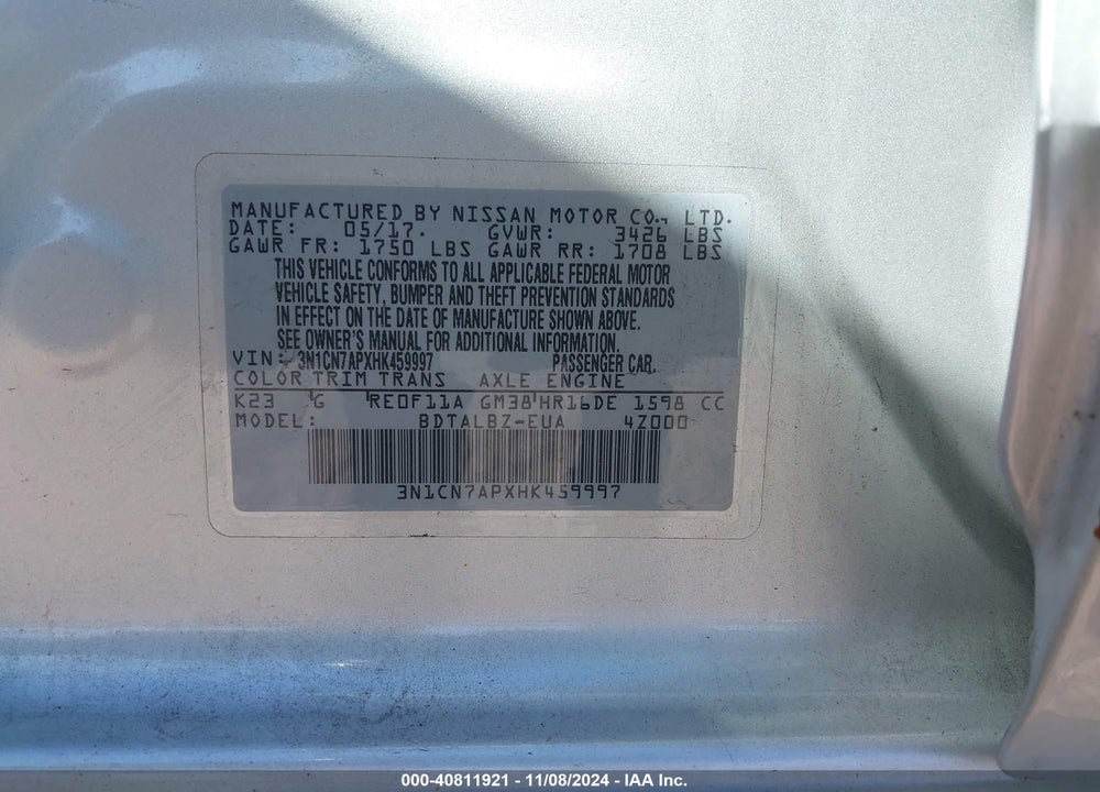 2017 NISSAN VERSA 1.6 SV VIN: 3N1CN7APXHK459997