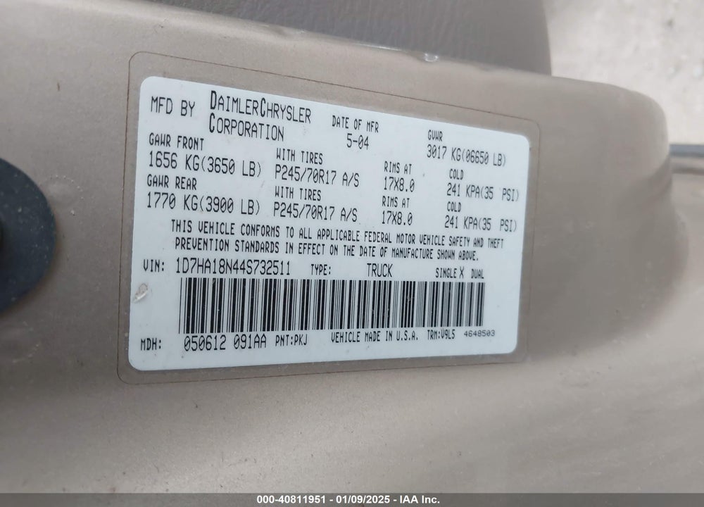2004 DODGE RAM 1500 SLT/LARAMIE VIN: 1D7HA18N44S732511