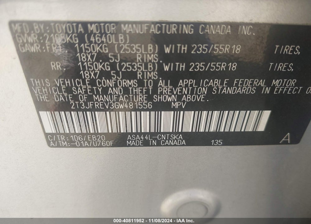 2016 TOYOTA RAV4 SE VIN: 2T3JFREV3GW481556