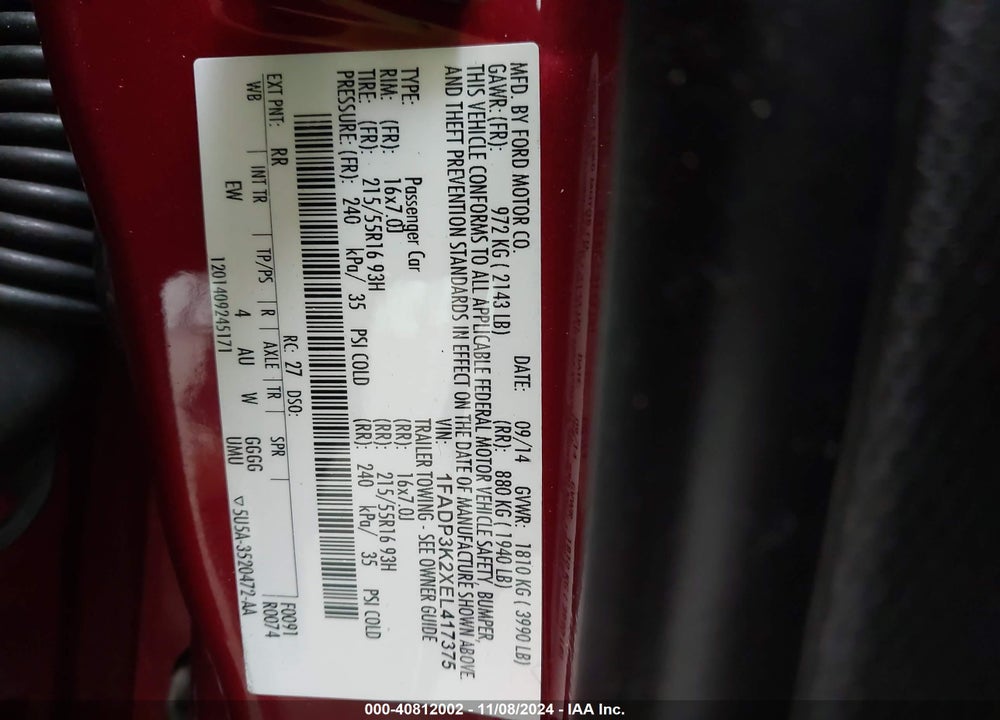 2014 FORD FOCUS SE VIN: 1FADP3K2XEL417375