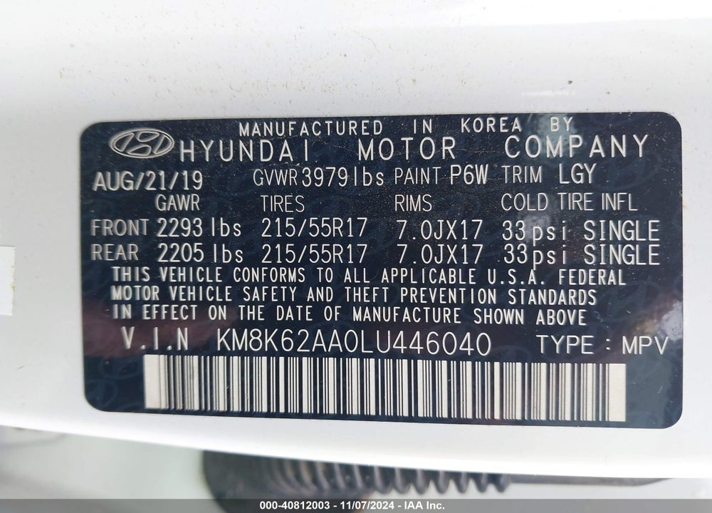 2020 HYUNDAI KONA SEL PLUS VIN: KM8K62AA0LU446040