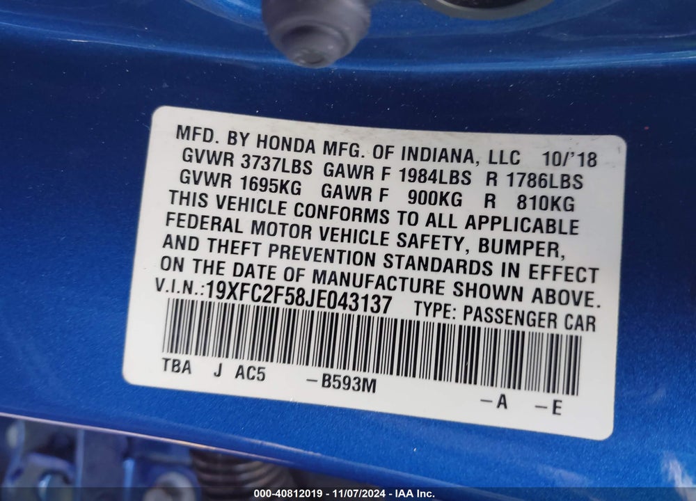 2018 HONDA CIVIC LX VIN: 19XFC2F58JE043137