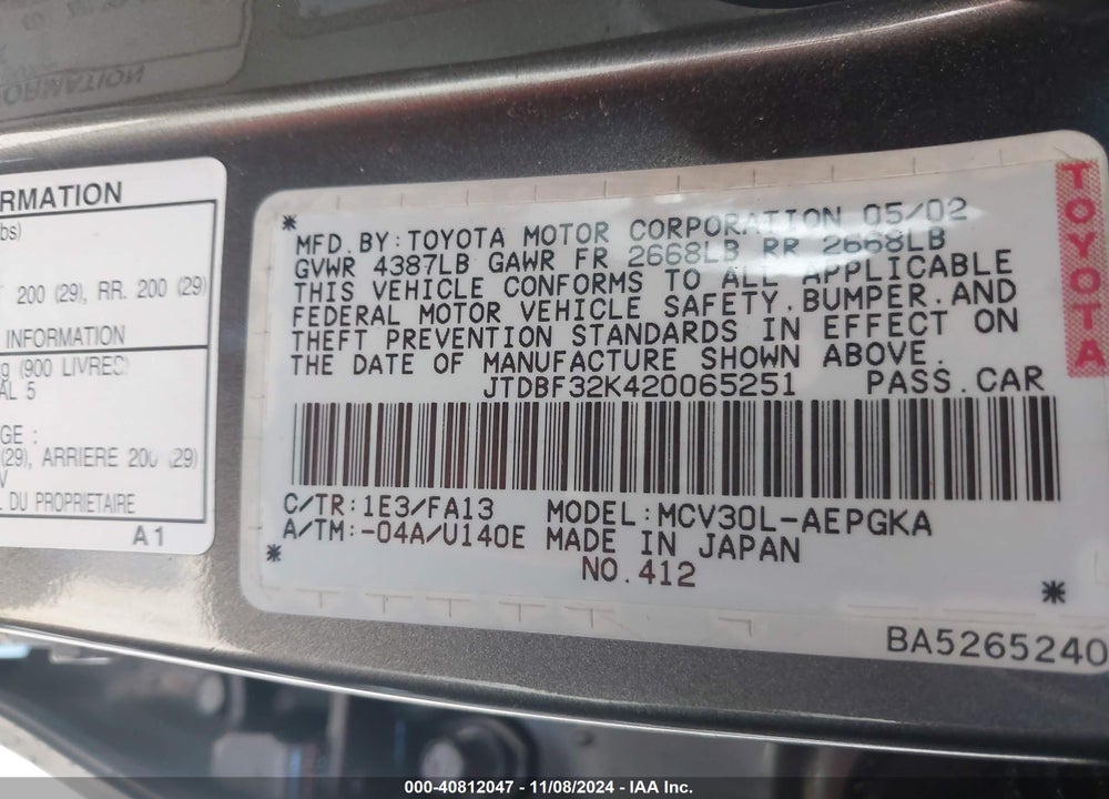 2002 TOYOTA CAMRY XLE V6 VIN: JTDBF32K420065251