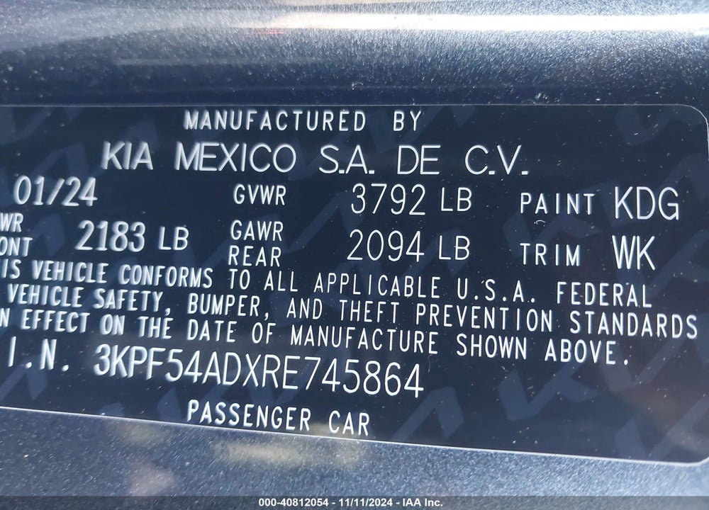 2024 KIA FORTE VIN: 3KPF54ADXRE745864