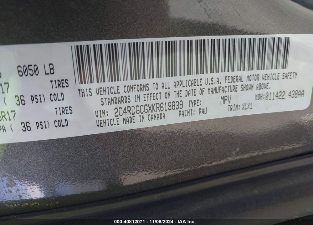 2019 DODGE GRAND CARAVAN SXT VIN: 2C4RDGCGXKR619839