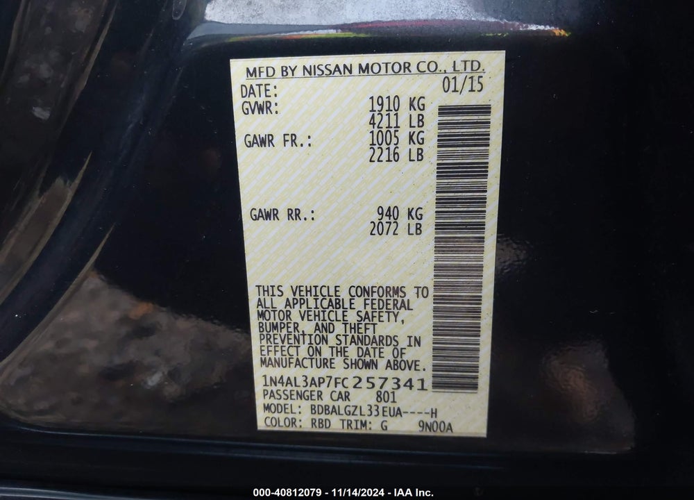 2015 NISSAN ALTIMA 2.5 S VIN: 1N4AL3AP7FC257341