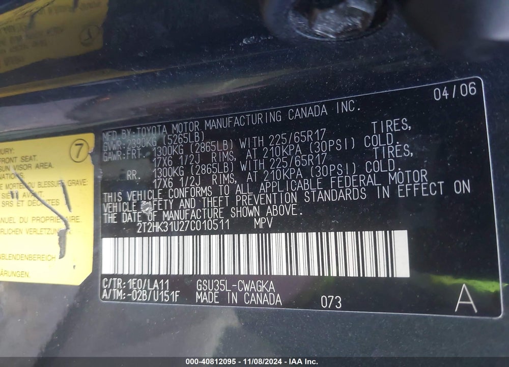 2007 LEXUS RX 350 VIN: 2T2HK31U27C010511
