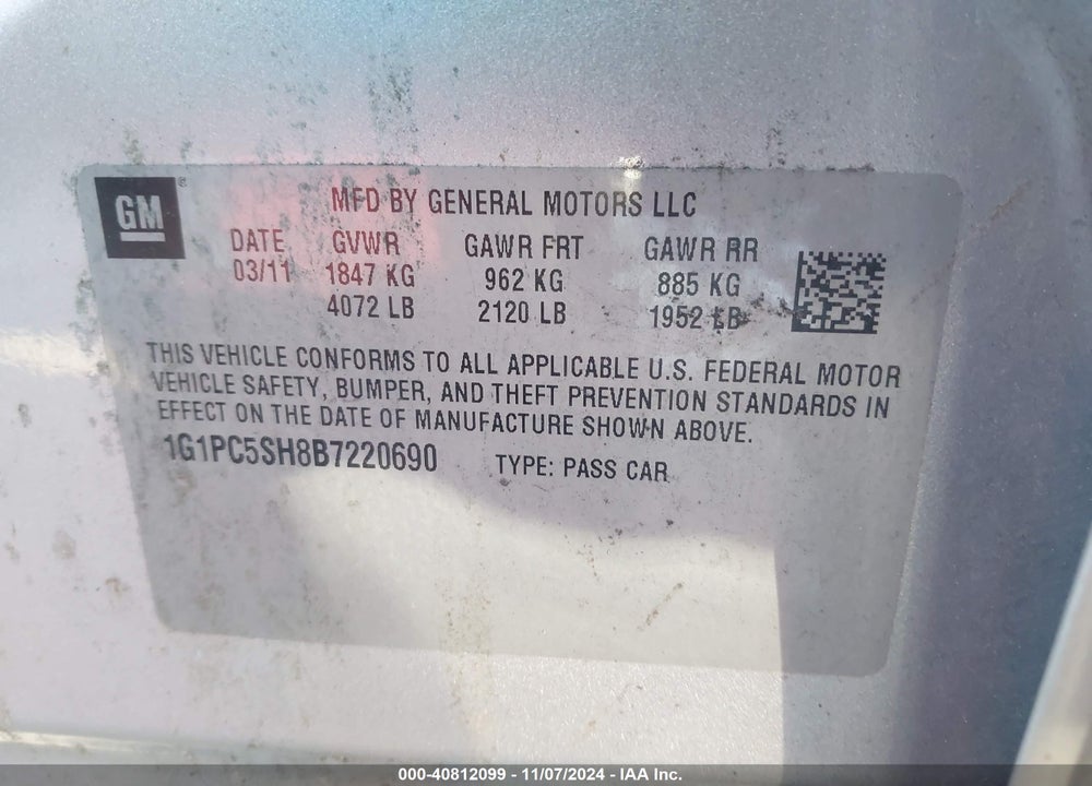 2011 CHEVROLET CRUZE LS VIN: 1G1PC5SH8B7220690