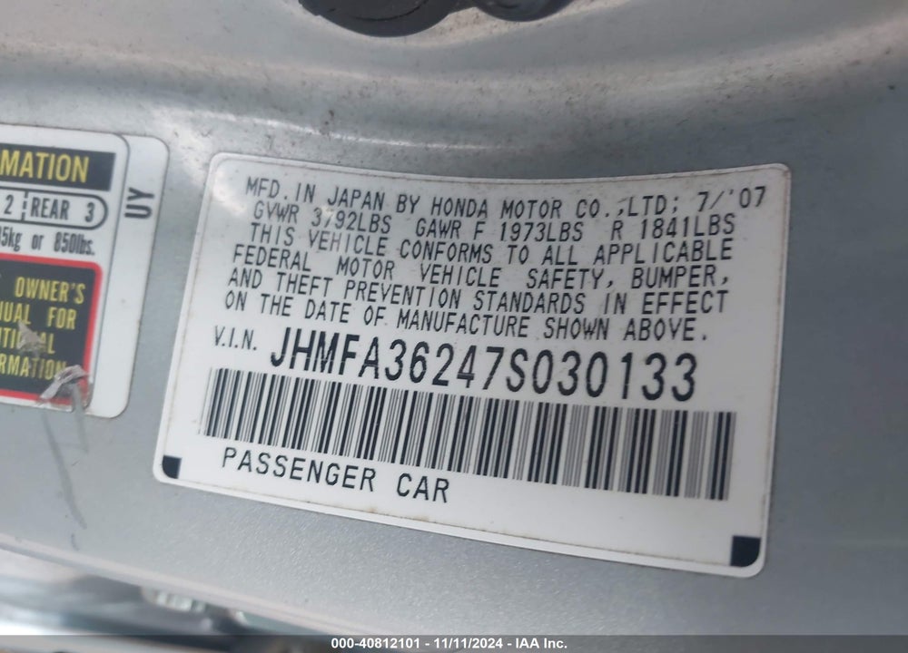 2007 HONDA CIVIC HYBRID VIN: JHMFA36247S030133