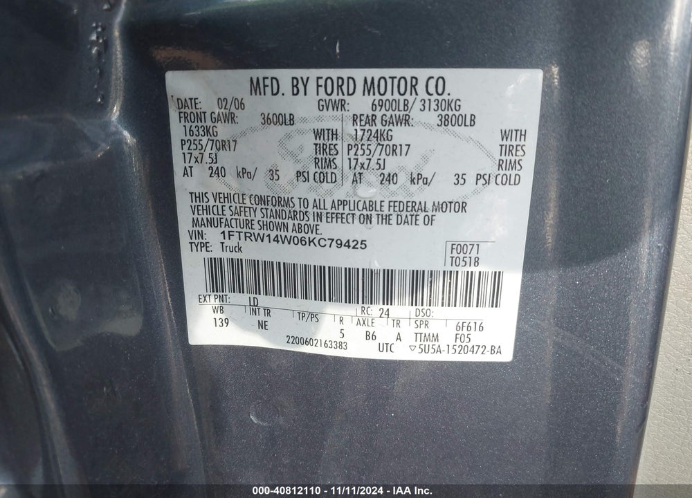 2006 FORD F-150 XLT VIN: 1FTRW14W06KC79425
